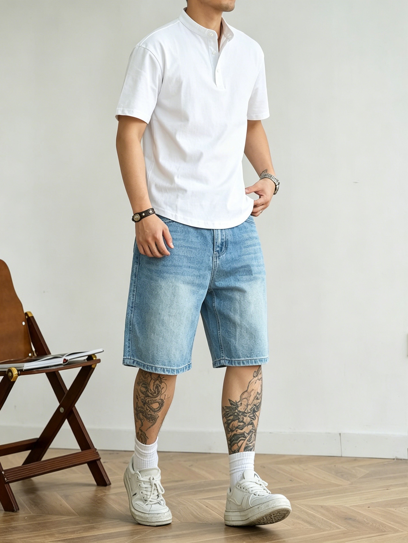 Jorts de denim azul de corte s - Korean Men Lifestyle avaliação e preço