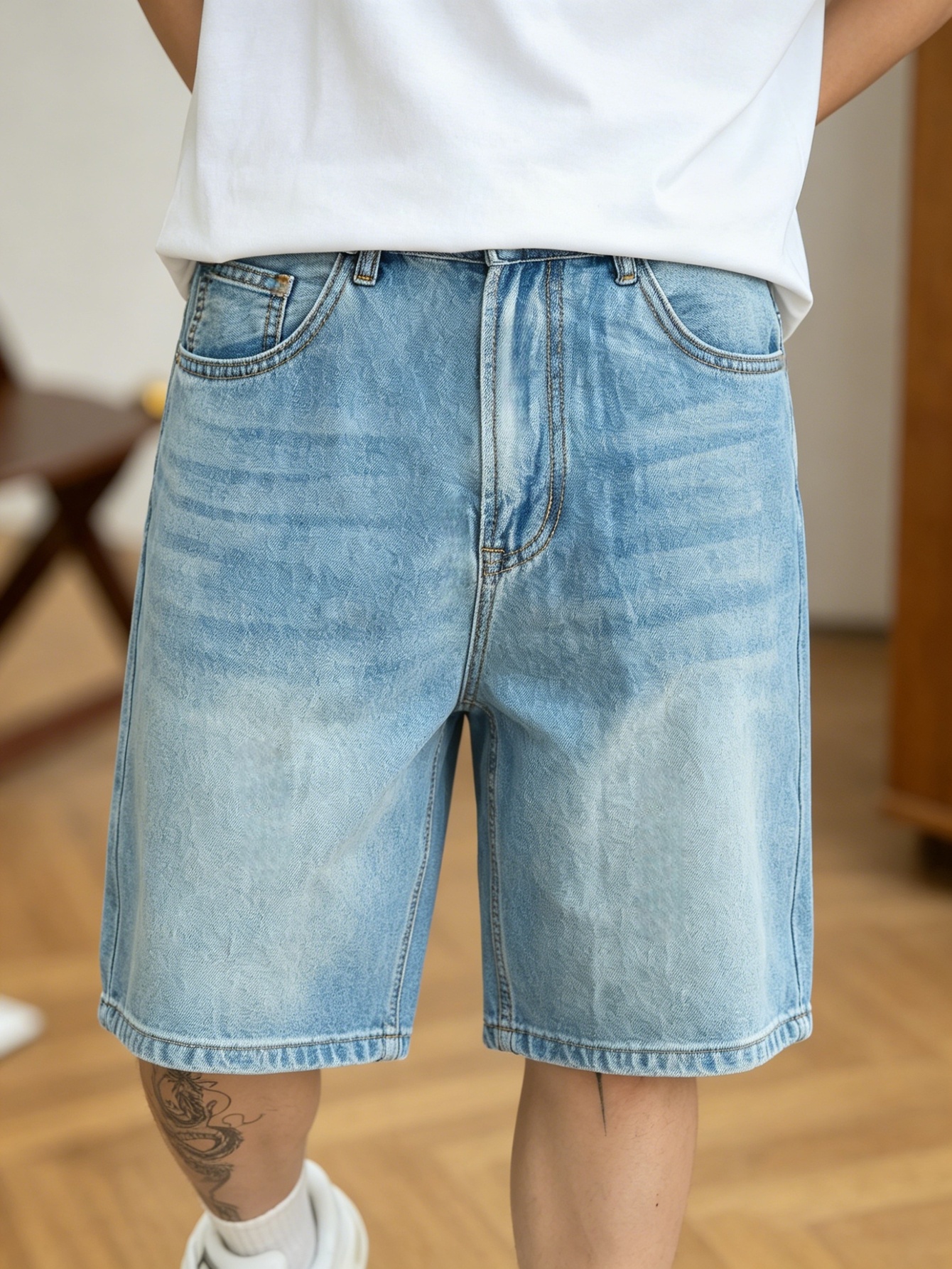 Jorts de denim azul de corte s - Korean Men Lifestyle avaliação e preço