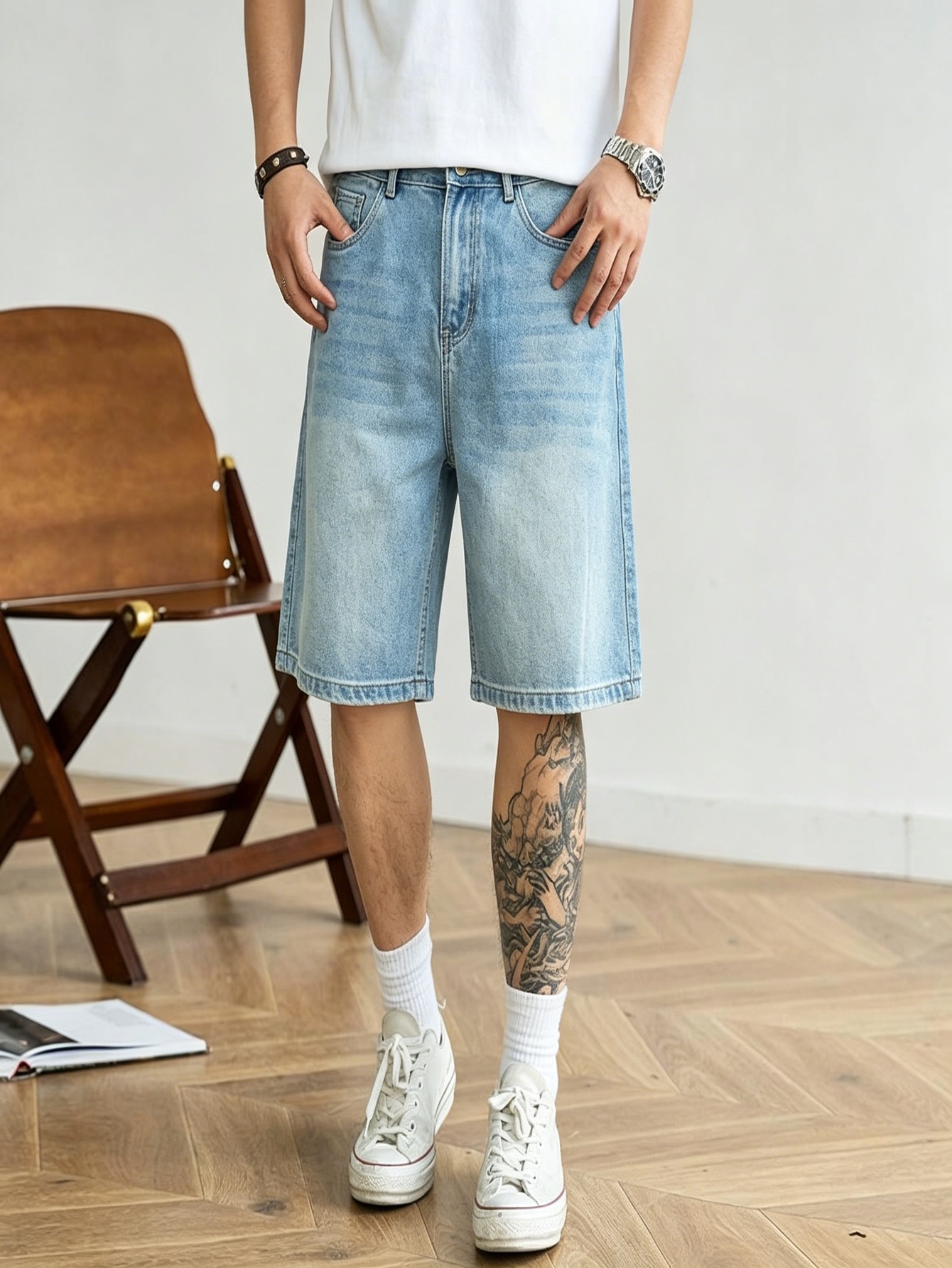 Jorts de denim azul de corte s - Korean Men Lifestyle avaliação e preço