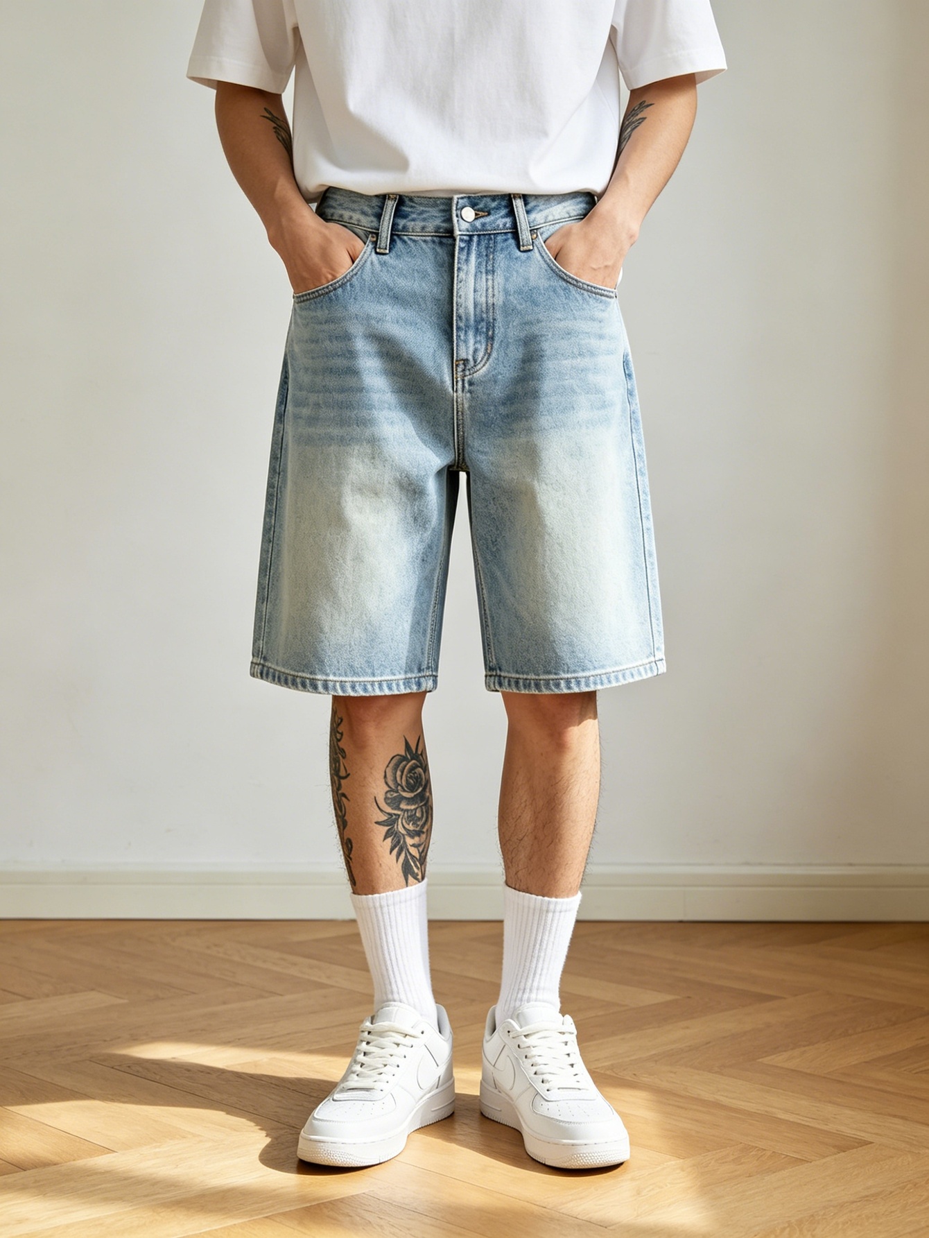 Jorts de denim azul de corte s - Korean Men Lifestyle avaliação e preço